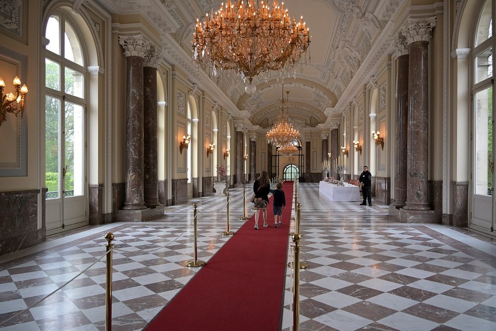 Function hall interior with stage lighting