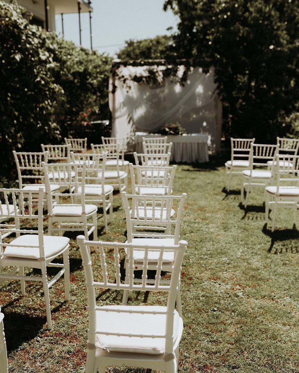 Green lawn area set up for an outdoor celebration
